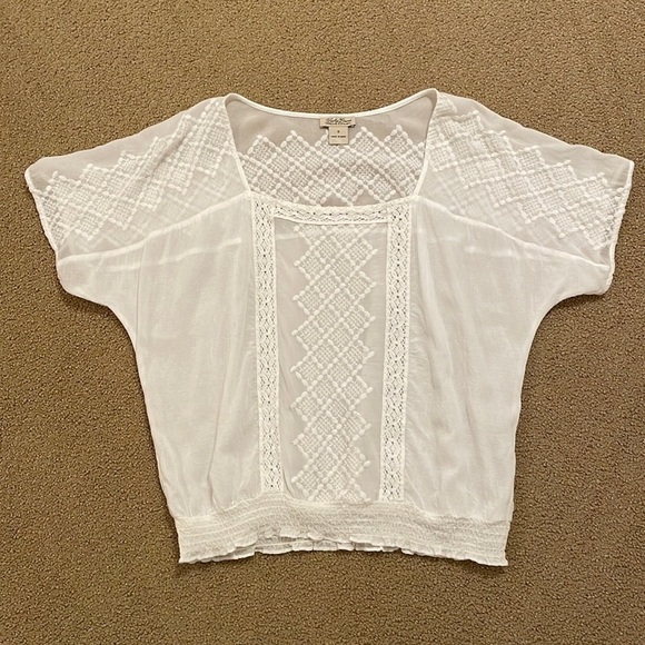 Lucky Brand Top Womens Small Ivory Embroidered Square Neck Elastic Blouse Slouch - Picture 1 of 10